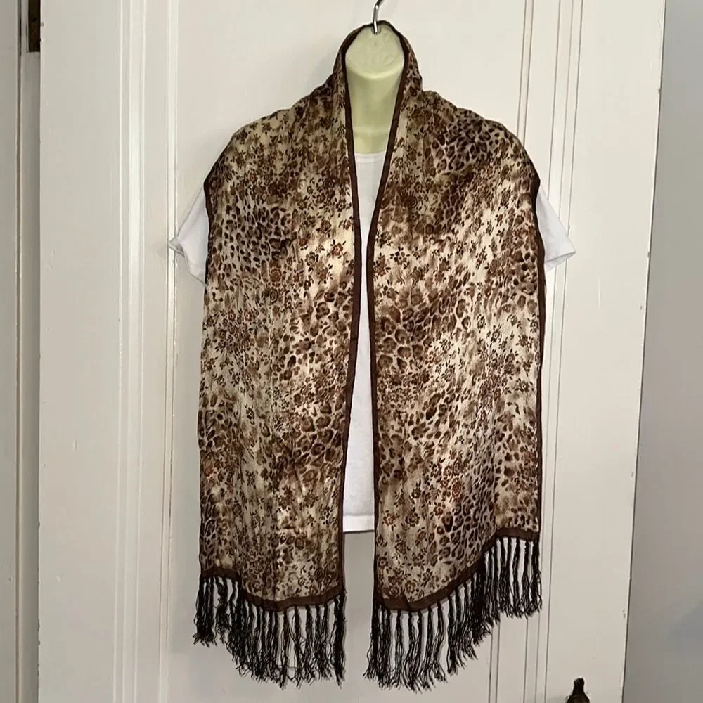 Brown & tan floral & animal print long silk neck scarf with fringe‎